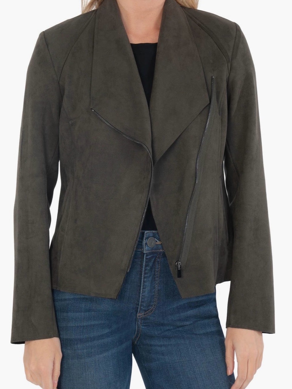 NWOT Kut from the Kloth Dark Olive Faux Suede Asymmetric Moto Jacket large